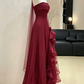 Elegant Burgundy Strapless Ruffle Tulle A-Line Evening Gown DP8471