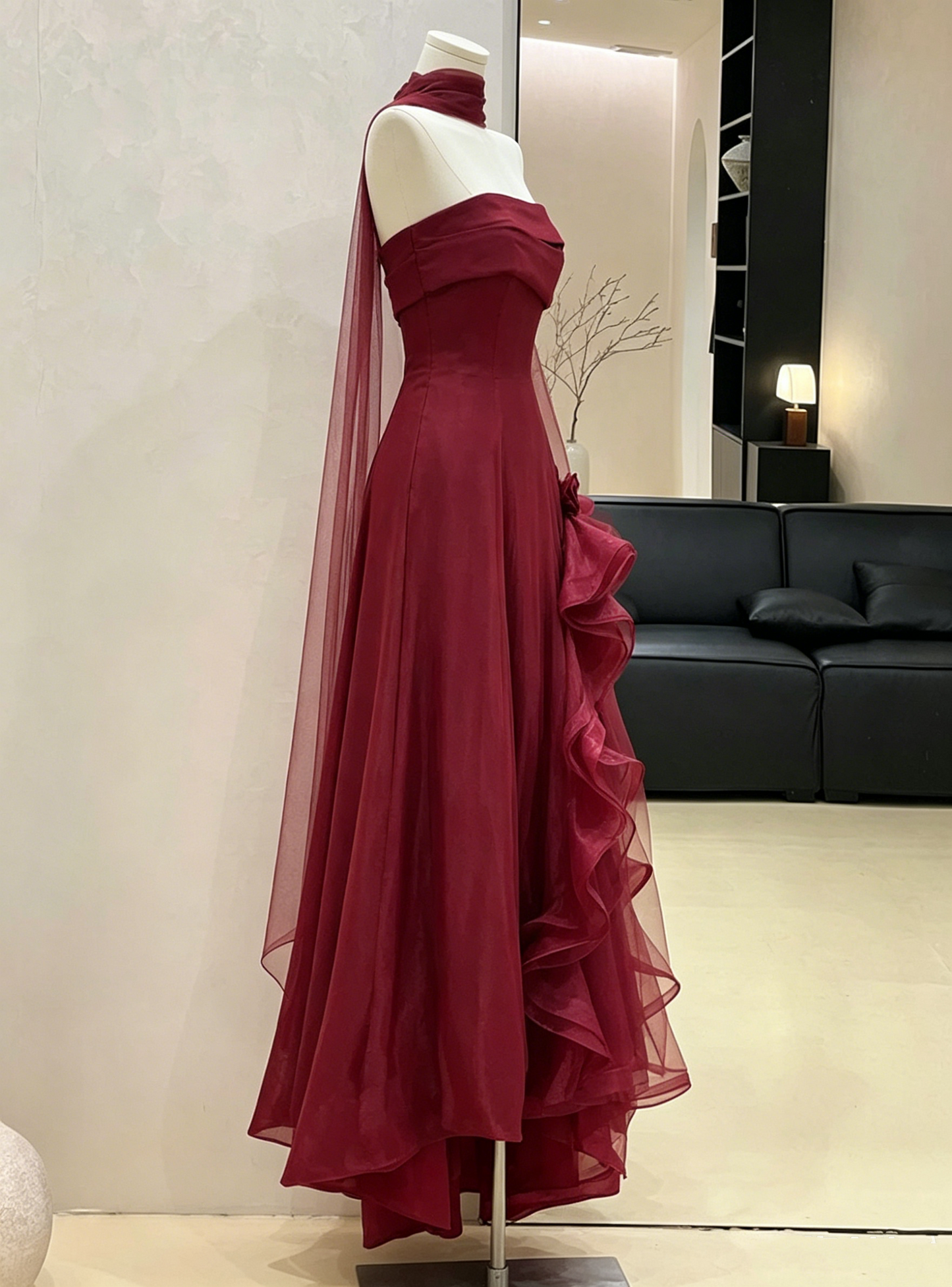 Elegant Burgundy Strapless Ruffle Tulle A-Line Evening Gown DP8471