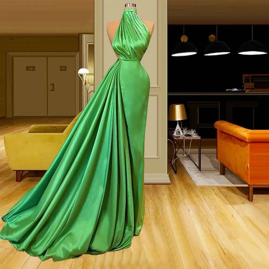 Green satin gown strapless with train,DS5135