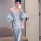 Elegant Shiny Sequin Off-the-shoulder Mermaid Long Prom Dress Party Dress Evening Dress DP6464