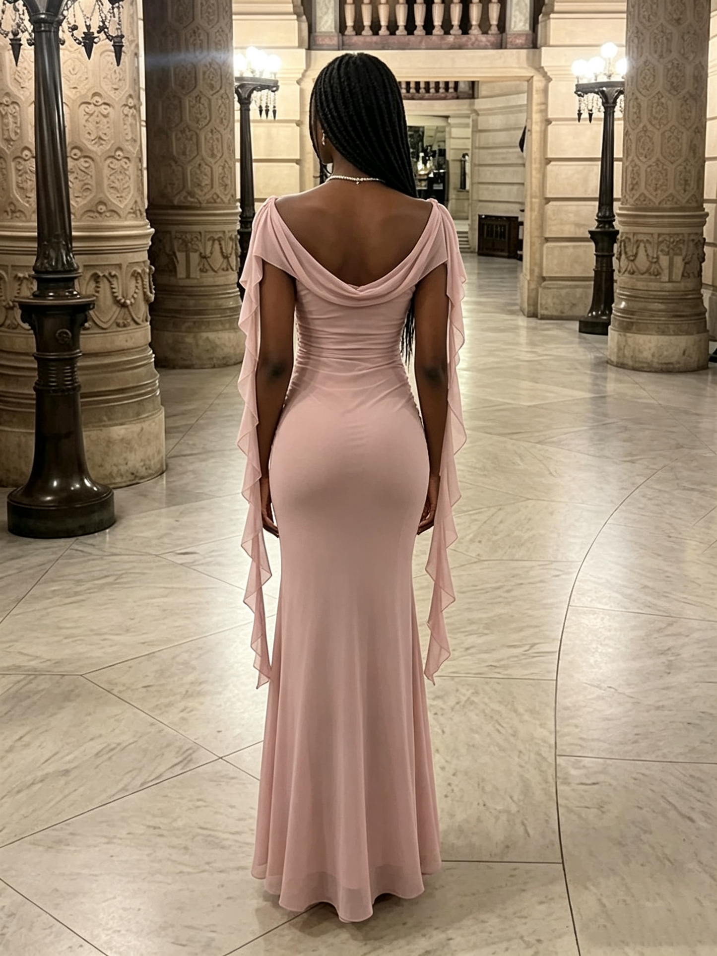 Elegant Pink Off-the-Shoulder Cowl Neck Ruffle Ribbon Ruched Mermaid Evening Dress DP8663