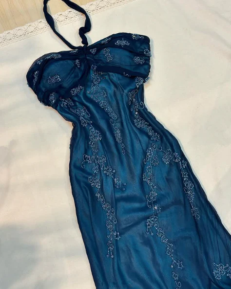 Vintage Halter Beadings Ruffles Long Prom Gown Evening Dress, DP3706
