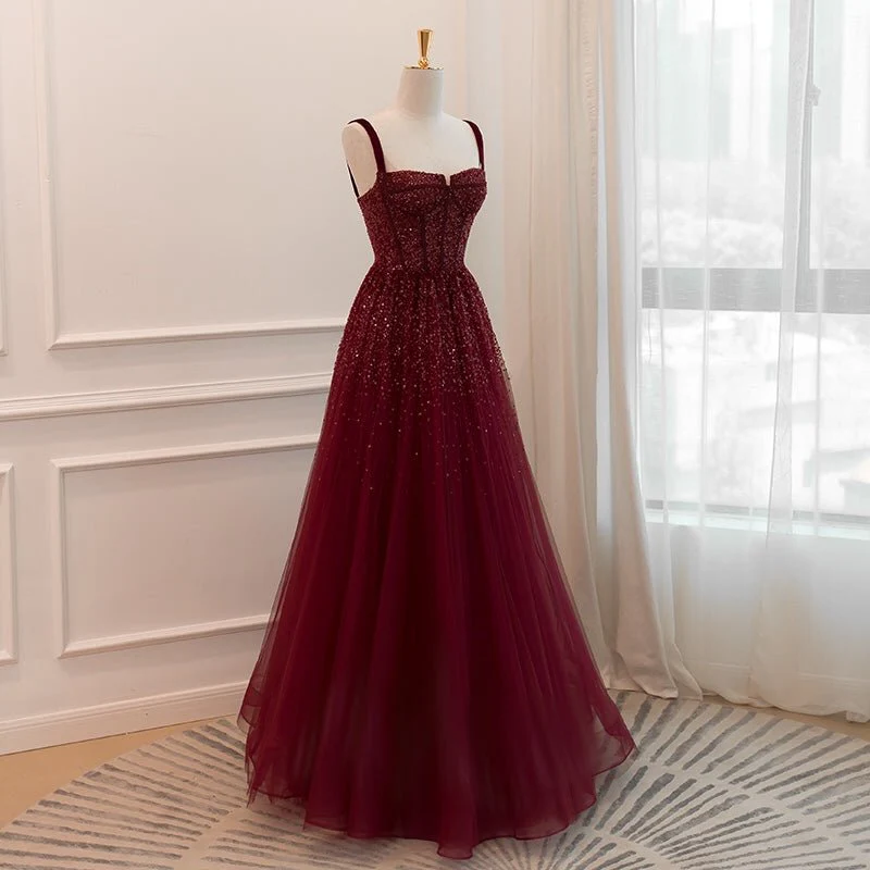 Shiny Burgundy Straps A-Line Long Formal Prom Dress Birthday Outfits, DP3586