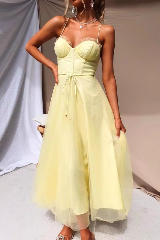 Vintage Tulle Sweetheart Spaghetti Straps Midi Evening Gown DP8143