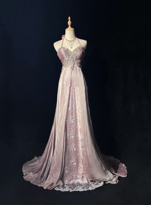 Elegant Pink Halter Neck Sweetheart Evening Gown A-Line Beaded Lace Prom Dress DP7965