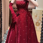 Vintage-Inspired Burgundy Strapless Velvet Evening Gown Starry Sequin Details Floral Applique Prom Dress DP7289