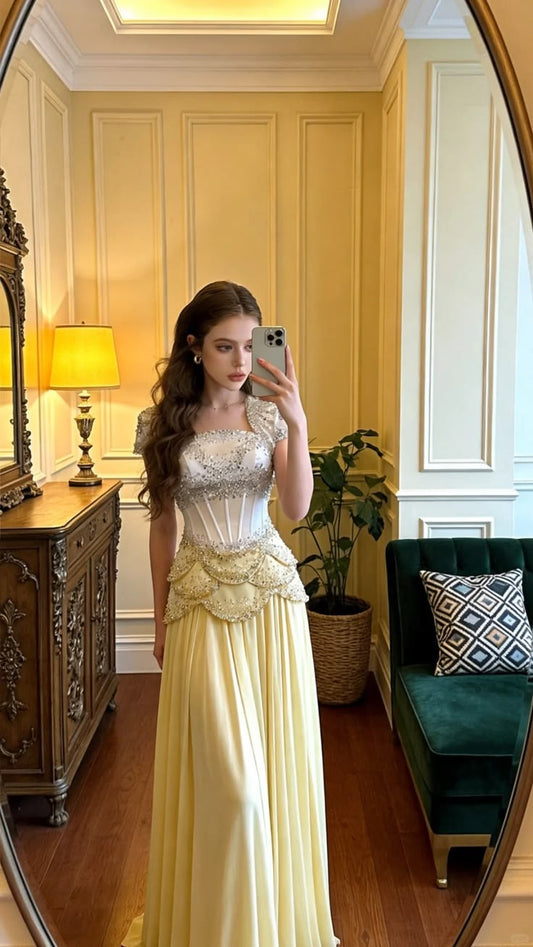 Glamorous Pale Yellow Beaded Corset Cap Sleeves Evening Gown DP8172
