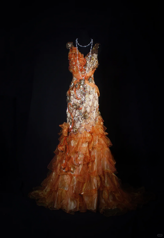 Glamorous Orange Ombre Mermaid Sequin Beaded Ruffle Evening Gown DP7377