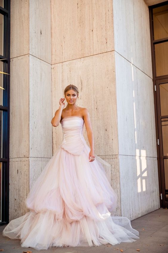 Light Pink Strapless A-Line Tulle Long Prom Dress Elegant Party Dress,DP465