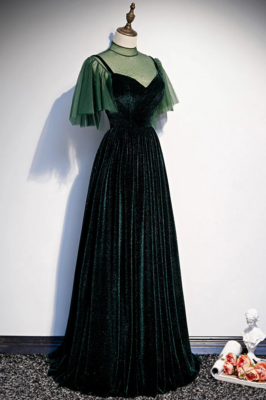 Green Velvet A-Line Long Prom Dress, Green Formal Evening Dress, DP3185