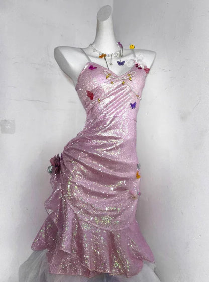 Glitter Pink Sequin Spaghetti Strap Butterfly Design 16th Birthday Party Dress Homecoming Dress DP6037