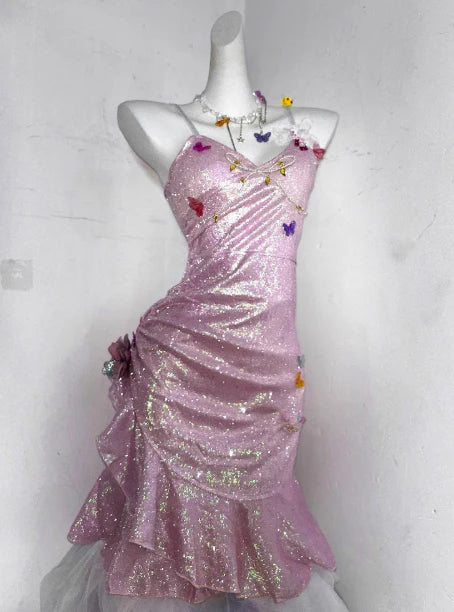 Glitter Pink Sequin Spaghetti Strap Butterfly Design 16th Birthday Party Dress Homecoming Dress DP6037