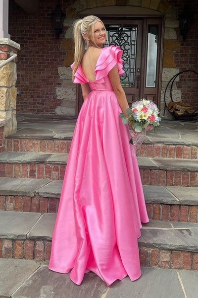 Hot Pink V-Neck Ruffle A-Line Long Prom Dress,DP0133