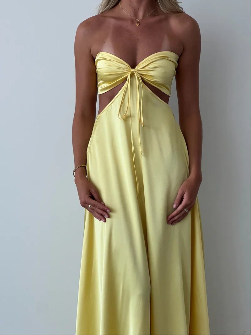 Yellow Strapless Cute Satin Simple A-Line Long Party Dress, DP2484