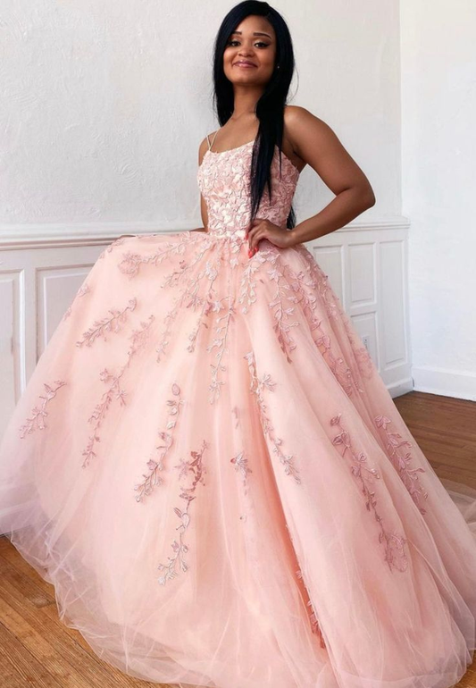 Pink Lace Long Prom Dresses A-Line Evening Dresses,DP0124