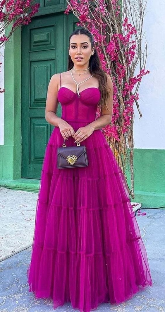 Fuchsia A-Line Prom Dresses Long,Tulle Formal Occasion Gown Evening, DP3308