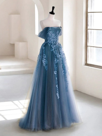 Blue Off Shoulder A-Line Tulle Appliques Long Formal Party Dress, DP3614