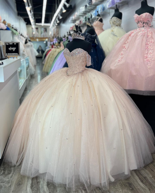 Light Champagne Off Shoulder Beading Quinceanera Dresse Sweet 16 Ball Gown, DP3000