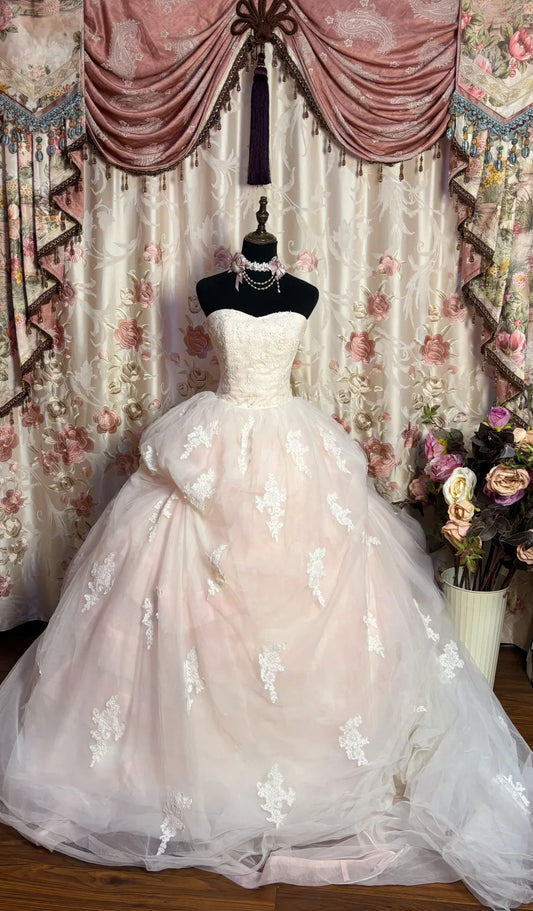 Retro Light Pink Sweetheart Applique Strapless Tulle Sweet 16 Quinceanera A-Line Evening Dress Ball Gown DP6284