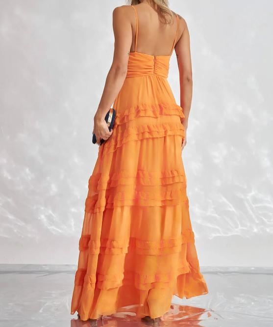 Orange Spaghetti Straps A-Line Ruffles Wedding Guest Dress Long Party Dress, DP3544