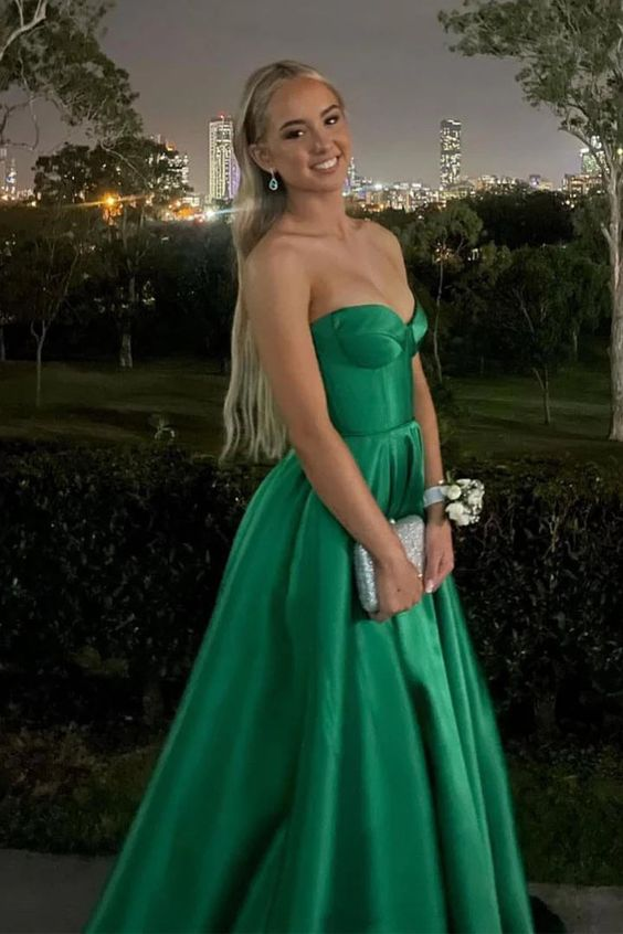 Green Sweetheart A-Line Satin Long Formal Prom Dress Evening Gown, DP3500