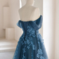 Blue Off Shoulder A-Line Tulle Appliques Long Formal Party Dress, DP3614