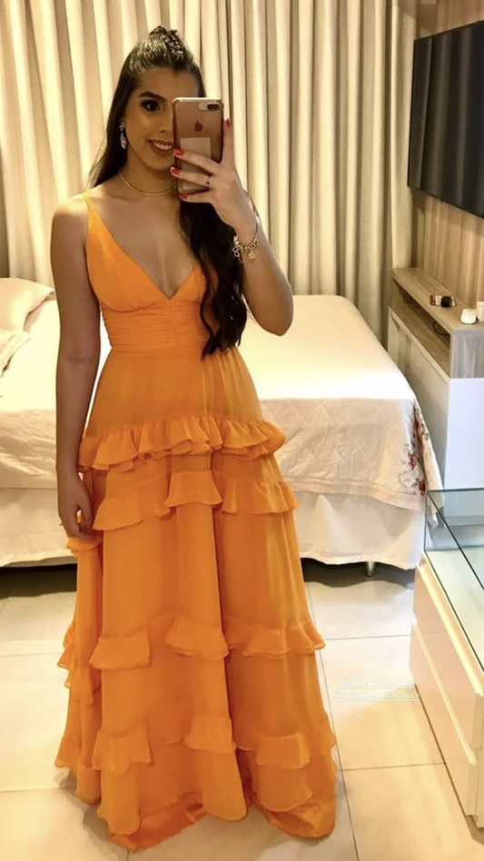 Orange Spaghetti Straps A-Line Ruffles Wedding Guest Dress Long Party Dress, DP3544