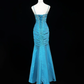 Robe de soirée longue style sirène bleue à bretelles spaghetti et perles, DP5329