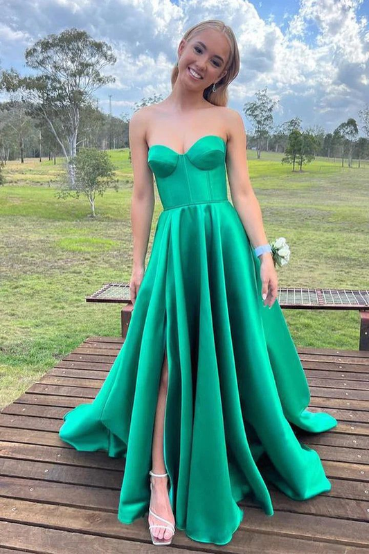 Green Sweetheart A-Line Satin Long Formal Prom Dress Evening Gown, DP3500