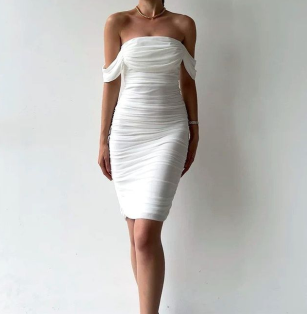 White Off Shoulder Elegant Evening Dress Cocktail Dress, DP2645