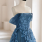 Blue Off Shoulder A-Line Tulle Appliques Long Formal Party Dress, DP3614