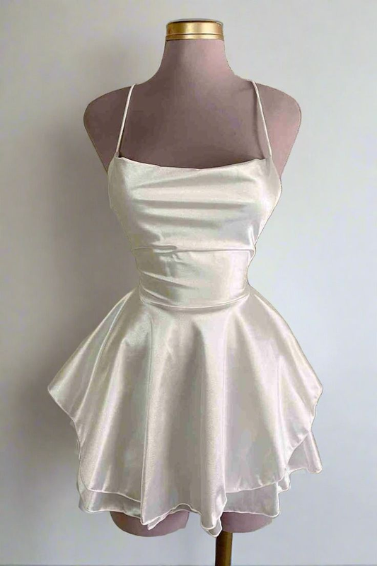 White A-Line Satin Short Party Dress Simple Homecoming Dress, DP2968