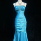 Robe de soirée longue style sirène bleue à bretelles spaghetti et perles, DP5329