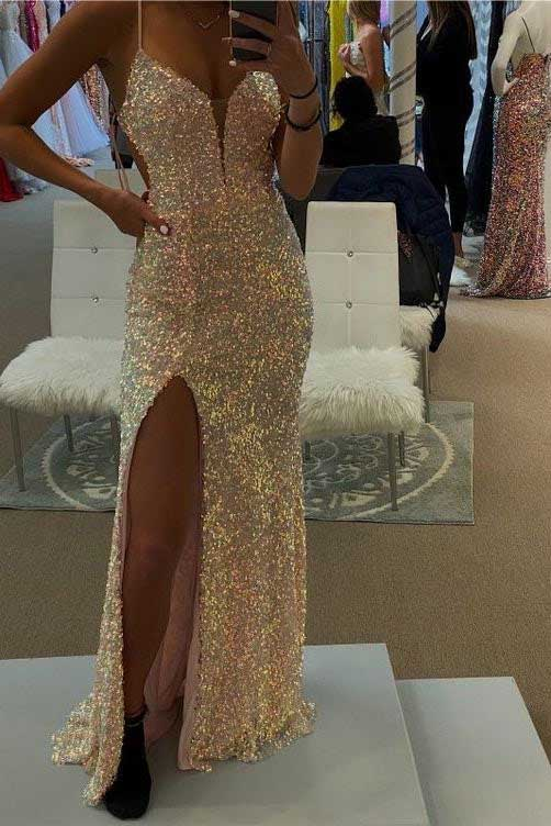 Shiny Spaghetti Straps Backlesss Sequins Long Party Dress, DP2702