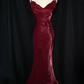 Dark Red Vintage Floral V-neck Evening Gown Mermaid Long Party Dress, DP3144