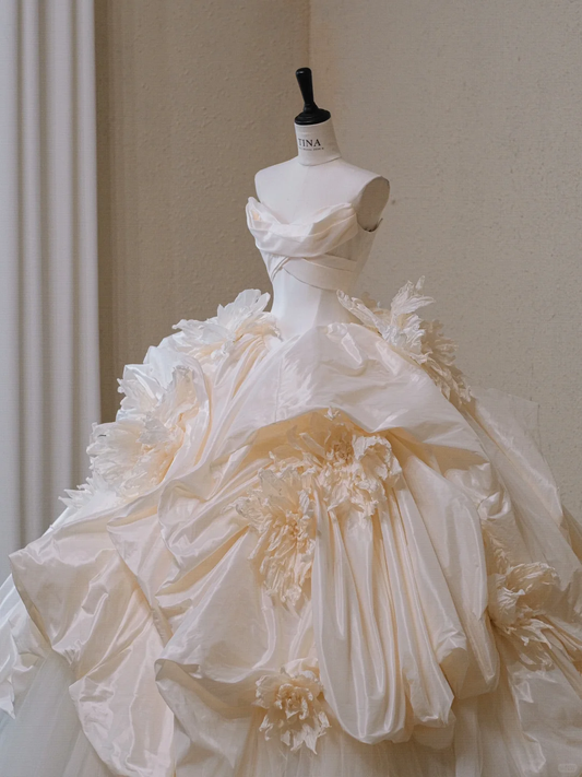 Elegant Ivory Strapless A-Line Tulle Satin Wedding Dresses Birthday Ball Gown, DP5442