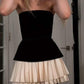 Black And Ivory Strapless A-Line Pleated Short Party Dress Birthday Outfits, DP3036