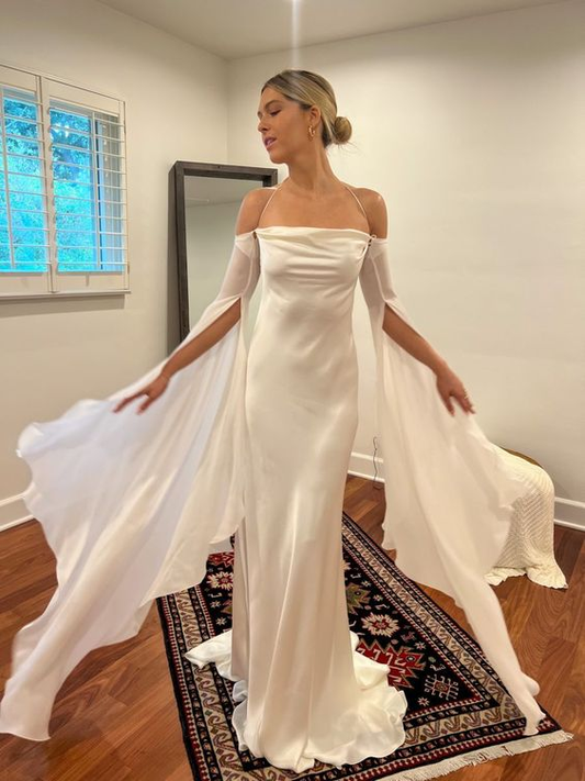 White Halter Off Shoulder Sheath Satin Unique Long Party Dress, DP3449