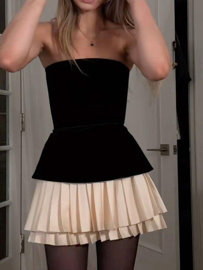 Black And Ivory Strapless A-Line Pleated Short Party Dress Birthday Outfits, DP3036