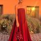 Elegant Strapless A-Line Ruffles Wine Red Long Party Gown Guest Dress, DP3472