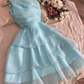 Light Blue One Shoulder Tiered Short Party Dress Homecoming Dress, DP3180