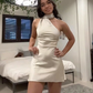 Ivory Halter Sheath Simple Satin Homecoming Dress Short Party Dress, DP3230