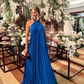 Royal Blue Halter A-Line Pleated Long Party Dress Wedding Guest Dress, DP3591