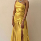 Yellow One Shoulder A-Line Long Formal Prom Dress with Split, DP3769