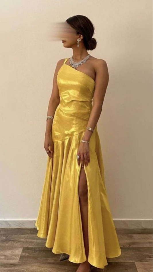 Yellow One Shoulder A-Line Long Formal Prom Dress with Split, DP3769