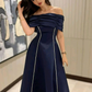 Dark Navy Off Shoulder A-Line Long Formal Party Dress Evening Gown, DP3484