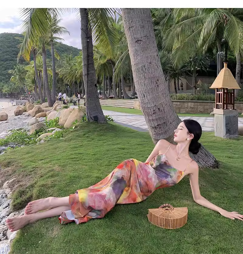 Simple New Painting Style Floral Design Elegant Beach Holiday Spaghetti Strap Dress, DP5949