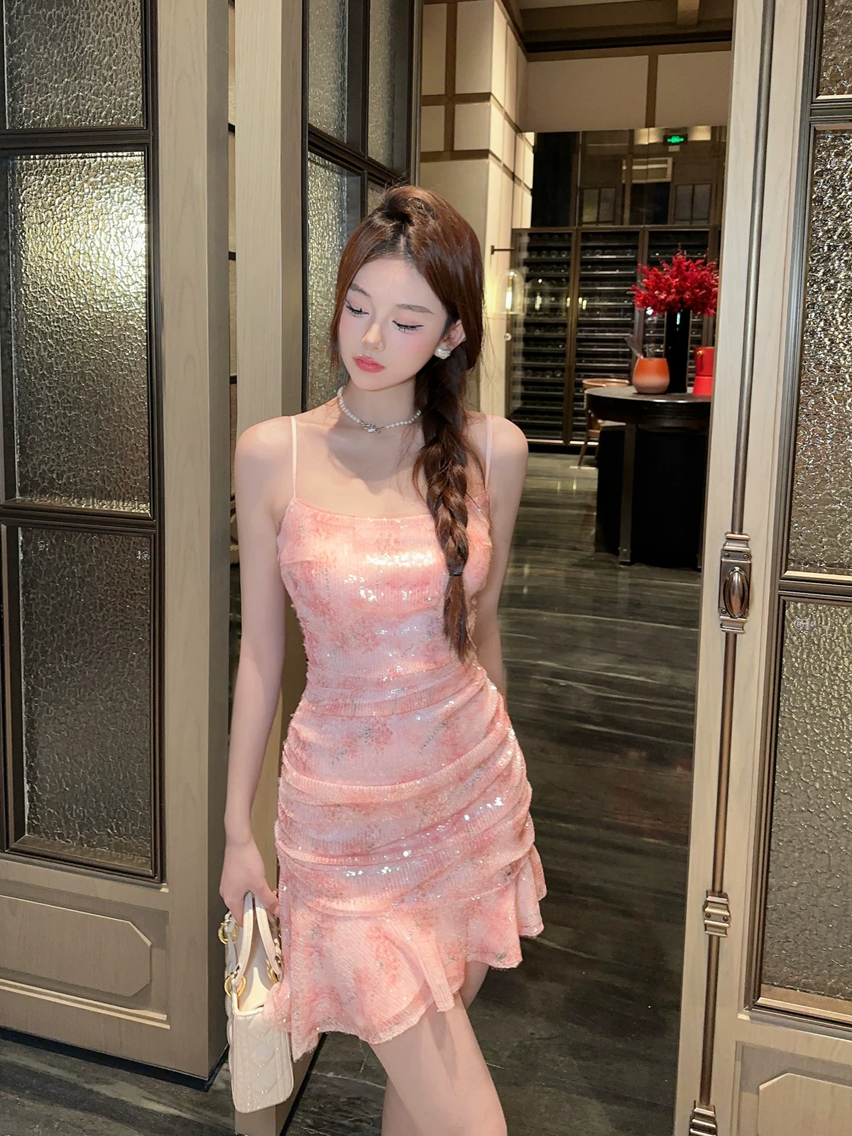 Vintage Pink Floral Sequin Spaghetti Strap Mini Ruched Ruffle Hem Bodycon Homecoming Dress DP8819