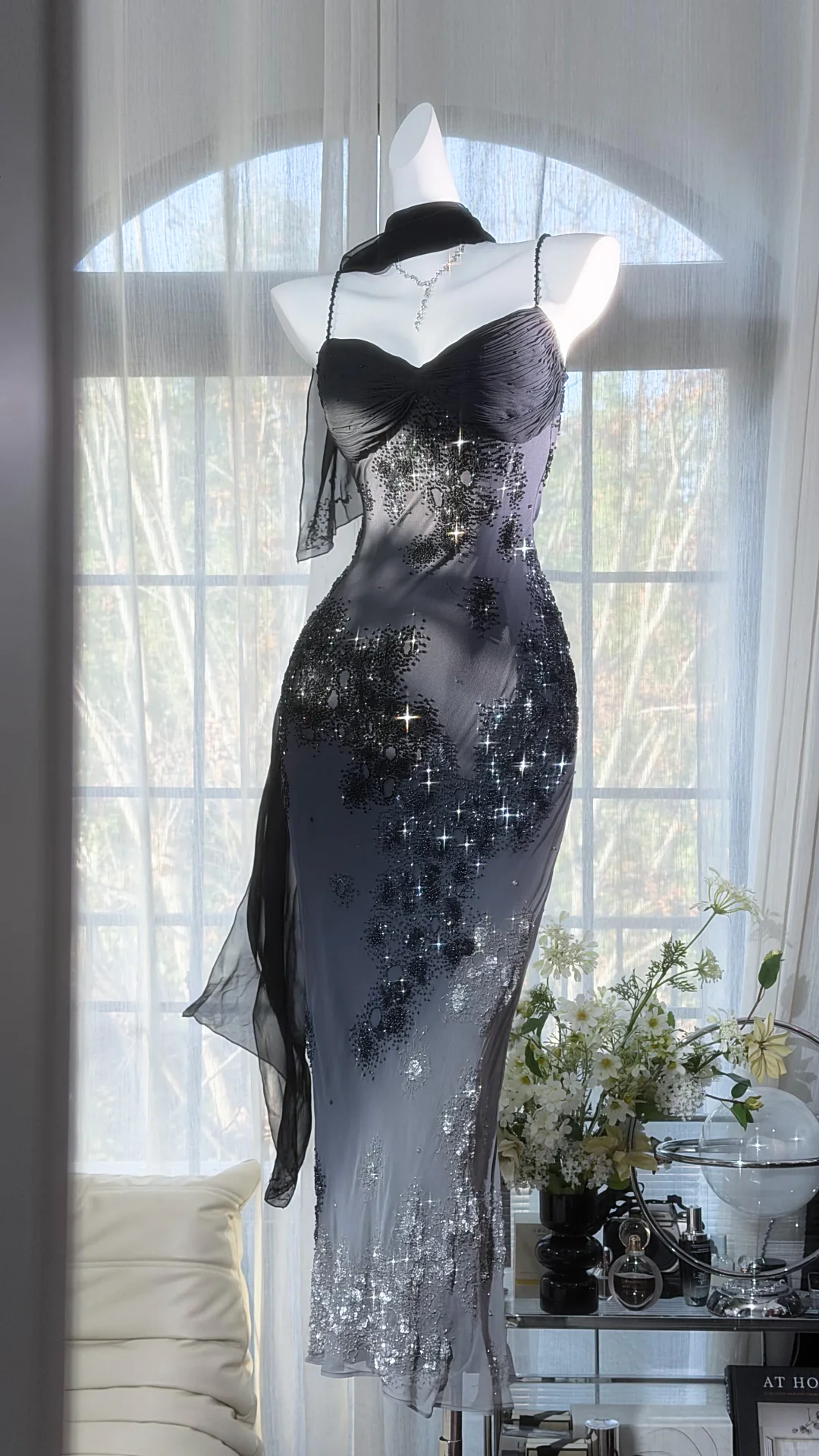 Glamorous Black Beaded Mermaid Prom Gown Spaghetti Strap Ruched Evening Dress DP8128