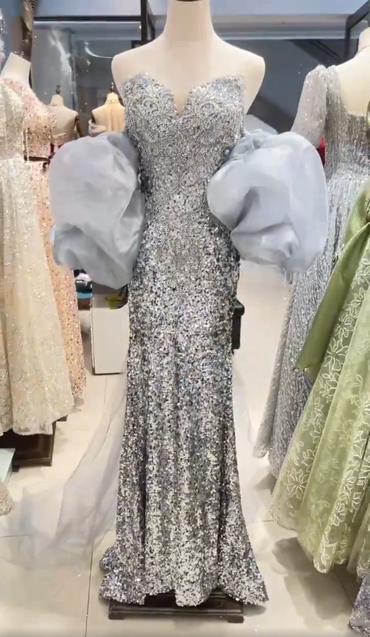 Wunderschönes glitzerndes Pailletten-Perlen-Herzstück-trägerloses Meerjungfrau-Langballkleid Partykleid Abendkleid DP6495